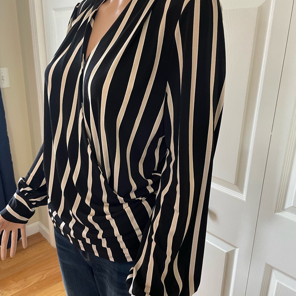 Adrianna Papell Black Ivory Striped Wrap Front Blouse - Picture 2 of 7